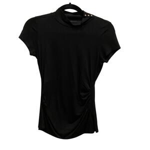WHBM Black High Mock Neck Blouse Short-sleeved Shirt Top Gold Stud accents XXS